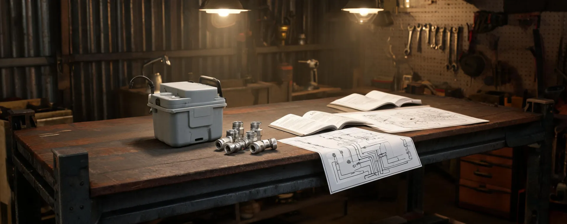 Pump service bench with diagrams and parts