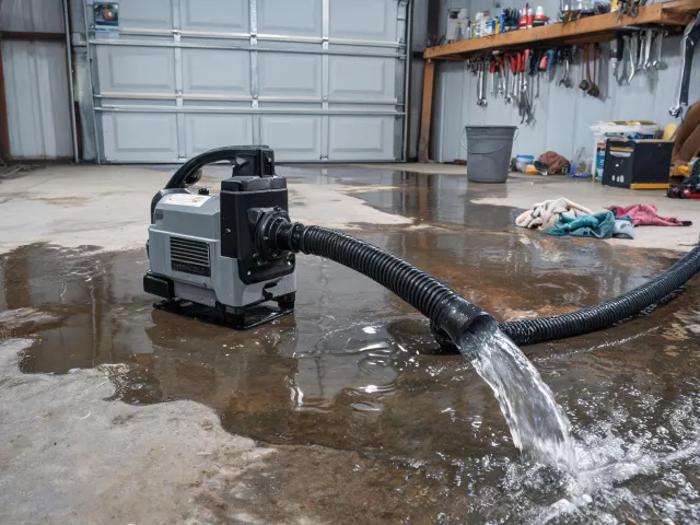 Utility pump and hose on wet floor