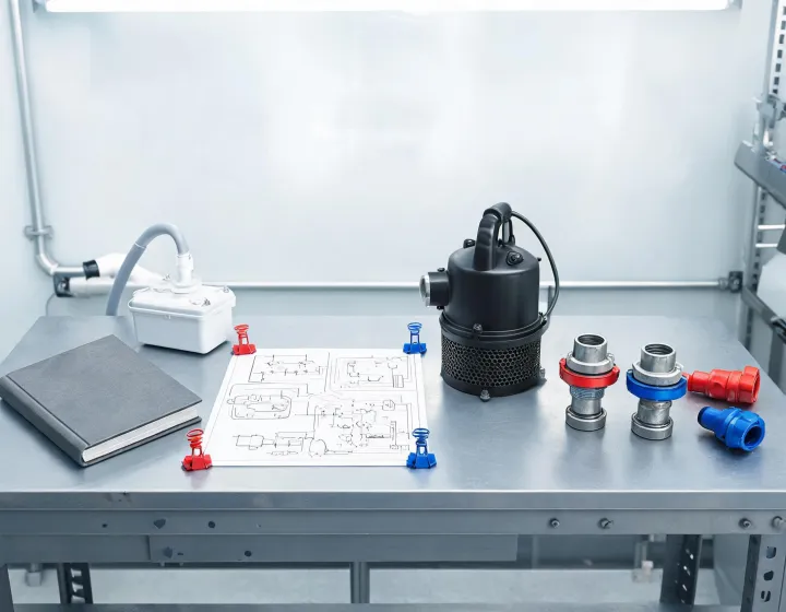Pump manuals and parts diagrams on service bench