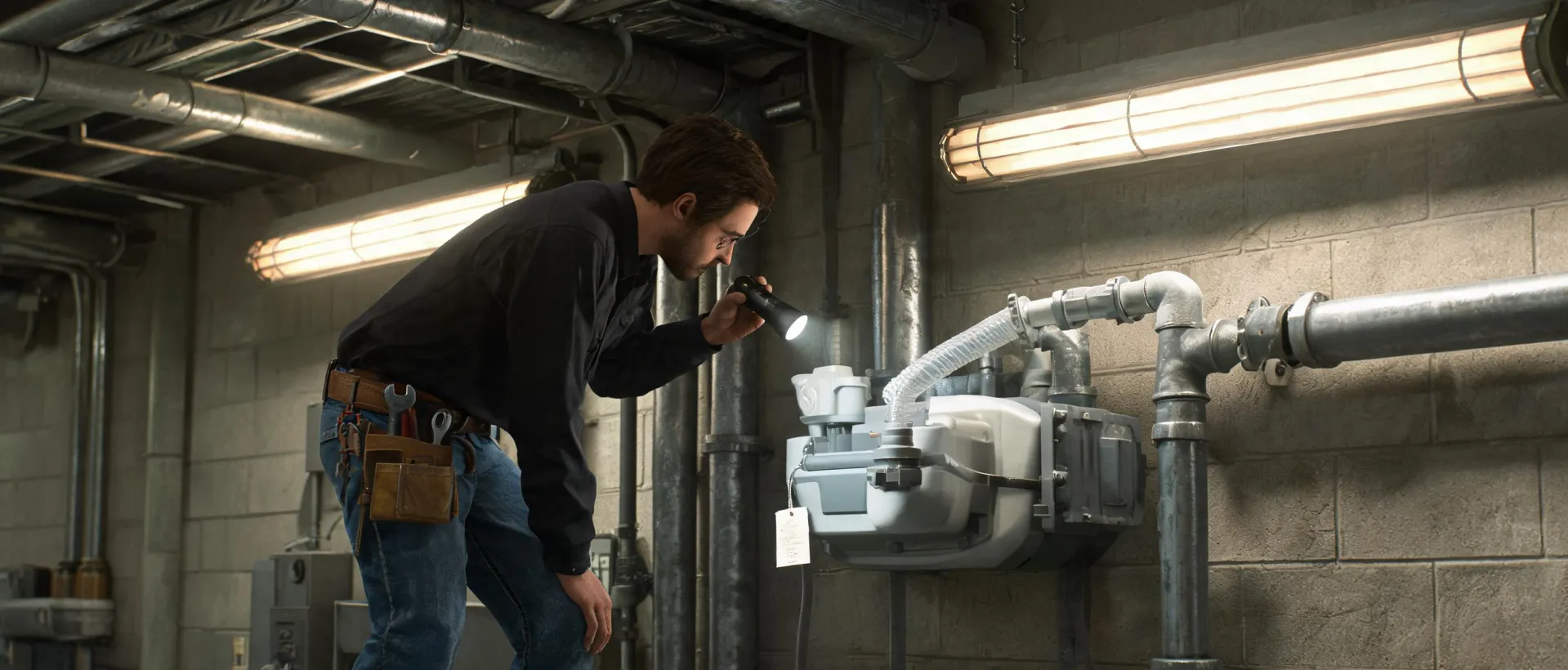 Pump specialist checking condensate pump installation